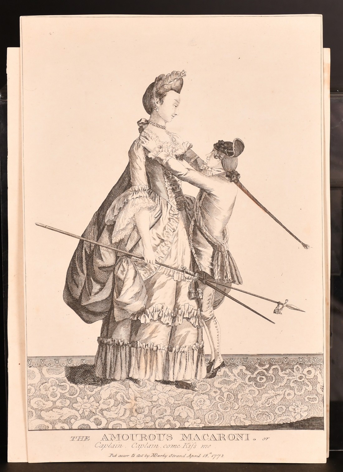 Macaroni and Tiptoe, a group of three late 18th Century humorous prints, each around 9" x 7" (23 x - Image 3 of 4