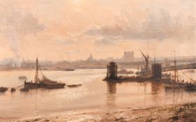 Kenneth Denton (b. 1932), 'Winter Sunlight, Rochester', a river landscape view, oil on board,