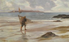 Sim Mottram (1876-1919), a fisherman and his nets on a beach, oil on canvas, signed, 16