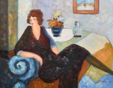 Circle of Itzchak Tarkay, an elegant lady in an interior, acrylic on canvas, indistinctly signed,