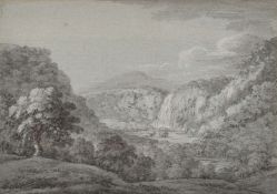 18th/19th Century English School, view over a valley towards a waterfall, pencil heightened with