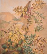 Felicity Charlton (1913-2009), study of a bird on a branch with a valley view beyond, ink and