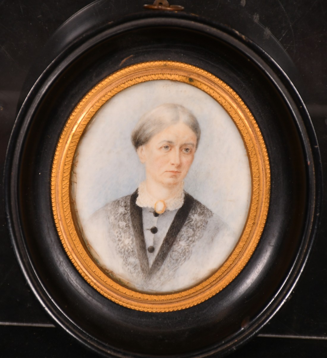 19th Century English School, a miniature portrait of a lady, watercolour on ivorine, 2.5" x 2" (6. - Image 2 of 3