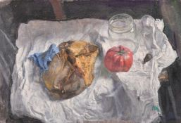 Georges Weissbort (1928-2013), a still life of a tomato on a white cloth, oil on canvas laid down,