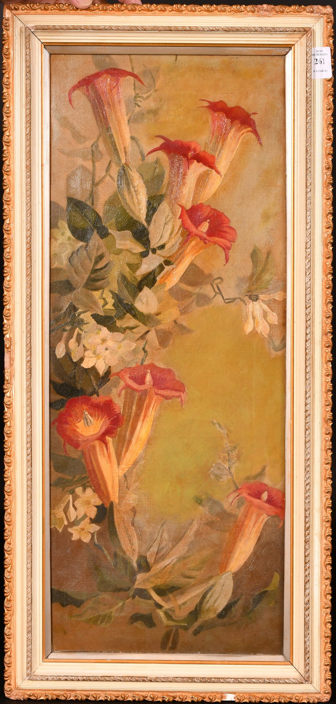 Circle of Zinkeisen, a still life study of flowers, oil on canvas, 24" x 10" (61 x 25cm). - Image 2 of 3
