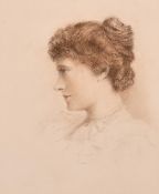 Circle of Edward Robert Hughes, head study of a lady in profile, pencil and coloured crayons and