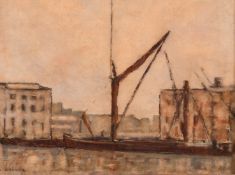 20th Century Continental, after Lebourg, barge on a city river, oil on board, bears signature, 12