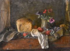 Georges Weissbort (1928-2013), a still life of flowers tomatoes and a loaf of bread, oil on board,