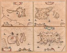 Jansson, a 17th Century engraved map 'HOLY ILAND / FARNE / GARNSEY / JARSEY', hand coloured, plate