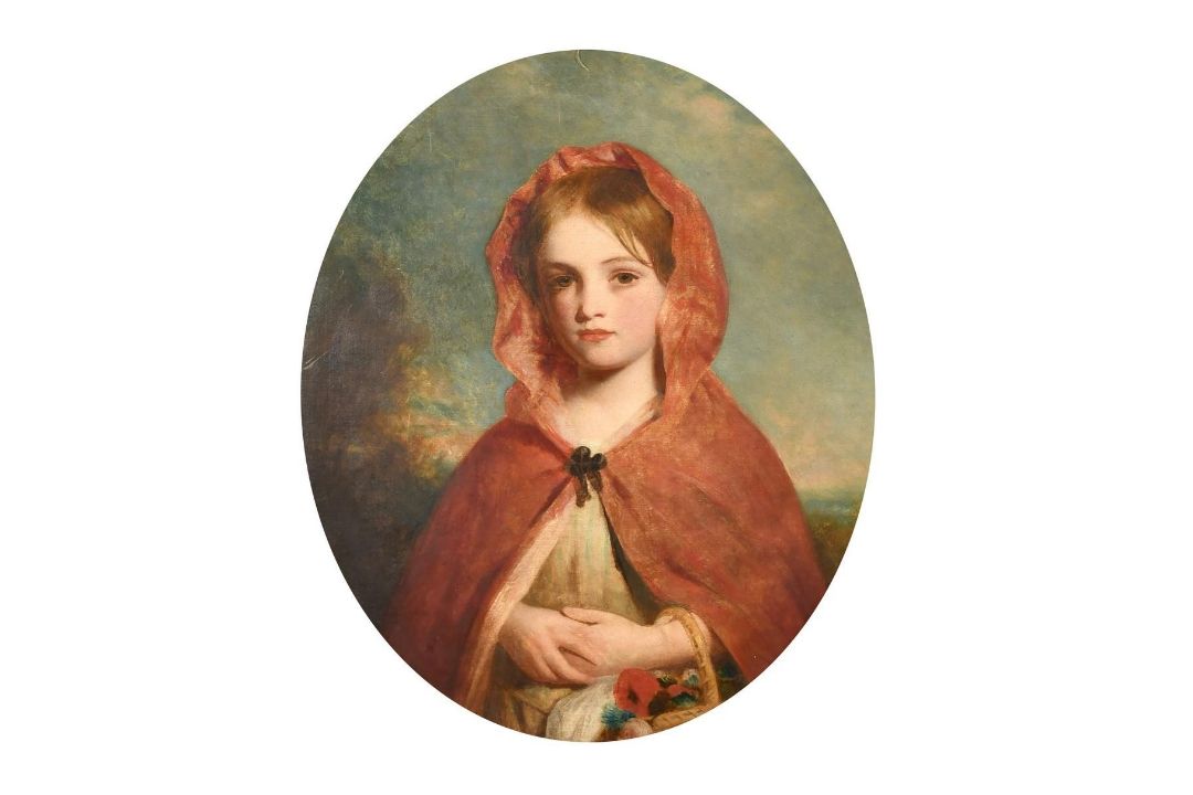 Charles Baxter (1809-1879) British, a half-length portrait of a girl in a red cloak carrying a - Image 1 of 4