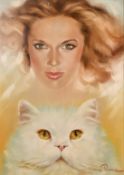 Gastone Peirano (20th Century), head study of a young female and a cat, oil on canvas, signed, 27.5