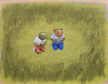 John Worsley (1919-2000), an illustration of the Mole and the Rat kneeling in a meadow for 'Wind