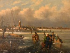 19th/20th Century Continental School, skaters on a frozen waterway, oil on oak panel, 9.25
