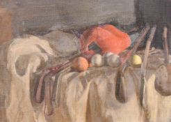 Georges Weissbort (1928-2013), a still life of golfing equipment, oil on canvas laid down, 11