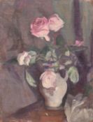 Georges Weissbort (1928-2013), a still life of roses in a porcelain jug, oil on canvas laid down,