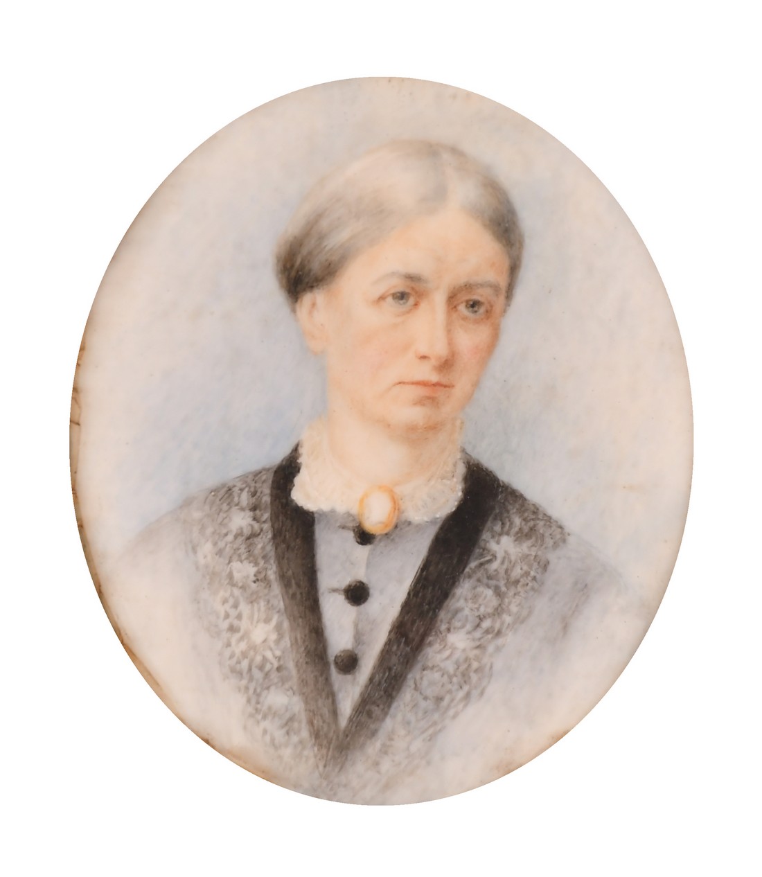 19th Century English School, a miniature portrait of a lady, watercolour on ivorine, 2.5" x 2" (6.