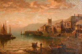 19th Century English School, A North of England Fishing Village with church buildings and fishing