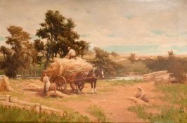 Alexander Young (1865-1923), a harvesting scene with figures loading a cart, oil on canvas,
