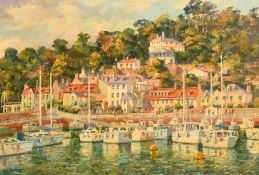 Paul O'Flaherty (20th Century), a busy harbour, possibly Channel Islands, oil on canvas board,