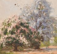Dixon Copes (1914-2002), figures walking beneath Jacaranda trees, oil on board, signed, 14.5