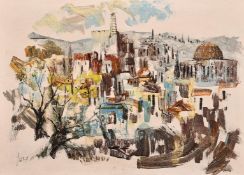 Late 20th Century Israeli School, a view of Jerusalem, oil on canvas, indistinctly signed, 19.75