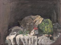 Georges Weissbort (1928-2013), a still life of books and white roses, oil on board, 12