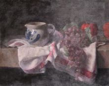 Georges Weissbort (1928-2013), a still life of fruit and a blue and white jug, oil on board, 13