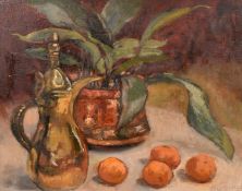 Modern British School, a still life of a pot plant, jug and oranges, oil on board, 16