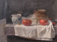 Georges Weissbort (1928-2013), a still life of tomatoes and earthenware jugs, oil on board, 12