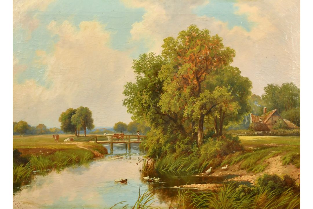 Robert Fenson, (Henry Maidment) (fl. 1889-1914) British, A river landscape with cattle on a bridge - Image 1 of 4
