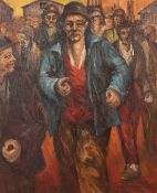 R. E. Deschryver (20th Century), workers leaving an industrial area, oil on canvas, signed, 23.75