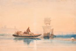 David Cox (1783-1859), figures on a rowing boat approaching a moored ship, watercolour, signed, 9