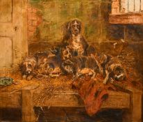 Edwin Frederick Holt (1830-1912), dogs resting on a straw bed in a barn, oil on canvas, signed and
