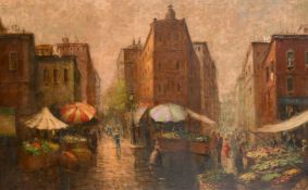 Early 20th Century Continental School, figures in busy city street with a marketplace selling