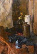 Georges Weissbort (1928-2013), a still life of a beer bottle and earthenware vessels, oil on