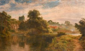 Attributed to Robert Gallon (1845-1925), a view of figures on a punt, probably near Cookham, oil