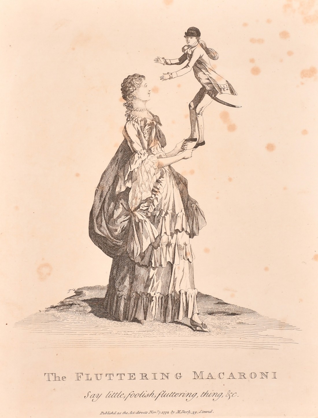 Macaroni and Tiptoe, a group of three late 18th Century humorous prints, each around 9" x 7" (23 x