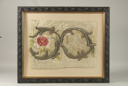 AN EARLY 17TH CENTURY ECCLESIASTICAL FRAGMENT, framed and glazed. 42cms x 31cms.