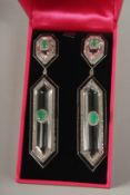A SILVER AND GOLD ROCK CRYSTAL, EMERALD AND DIAMOND DECO EARRINGS.