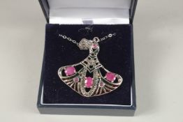 A SILVER AND MARCASITE PLIQUE ENAMEL NECKLACE.