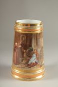 A GOOD VIENNA PORCELAIN TANKARD, 18cms high, with a painted panel of monks and a man asleep beside a