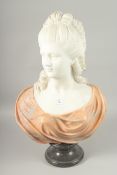A GOOD CARVED TWO COLOUR MARBLE BUST OF A LADY, on a circular base. 64cm high.