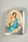 AN ENGINE TURNED SILVER CIGARETTE CASE. Birmingham 1920, with a glamour model enamel.