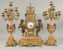 A VERY GOOD LARGE LOUIS XVI DESIGN BRONZE, ORMOLU AND MARBLE THREE-PIECE CLOCK GARNITURE, the