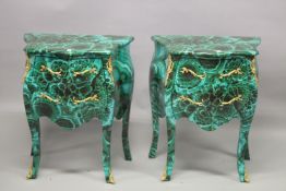 A PAIR OF FRENCH STYLE FAUX MALACHITE AND ORMOLU TWO-DRAWER PETIT COMMODES. 76cms high x 64cms