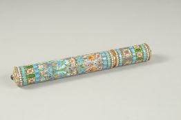 A RUSSIAN SILVER GILT AND ENAMEL TUBE. 20cms high. Mark 84, P.P. Weight 164gms.