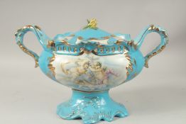 A SEVRES DESIGN TWO-HANDLED OVAL TUREEN AND COVER with classical panels. 42cms high.