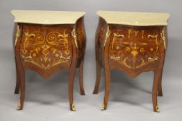 A PAIR OF FRENCH STYLE MAHOGANY AND MARQUETRY TWO-DRAWER, MARBLE TOP, PETIT COMMODES. 76cms high x