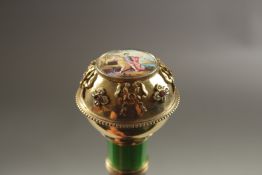 A RUSSIAN WALKING STICK with silver, enamel and diamond handle.