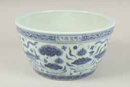A CHINESE BLUE AND WHITE PORCELAIN FISH AND ALGAE BOWL. 26.5cms diameter.